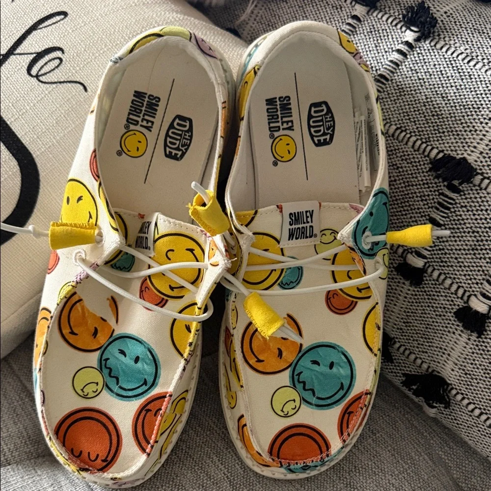 Hey Dude Kids Moccasins - White with Colorful Smiley Faces